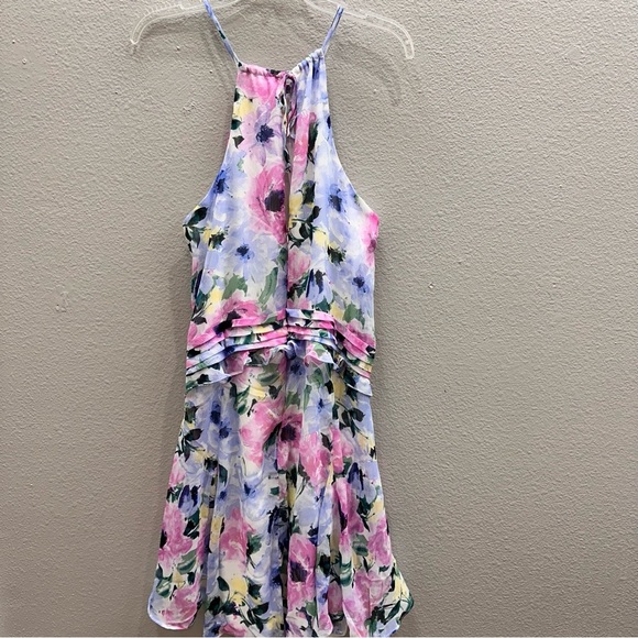 Tahari Dress Womens Size 8 Blue Pink Floral Knife Pleat Chiffon Mini Spring - Picture 3 of 8